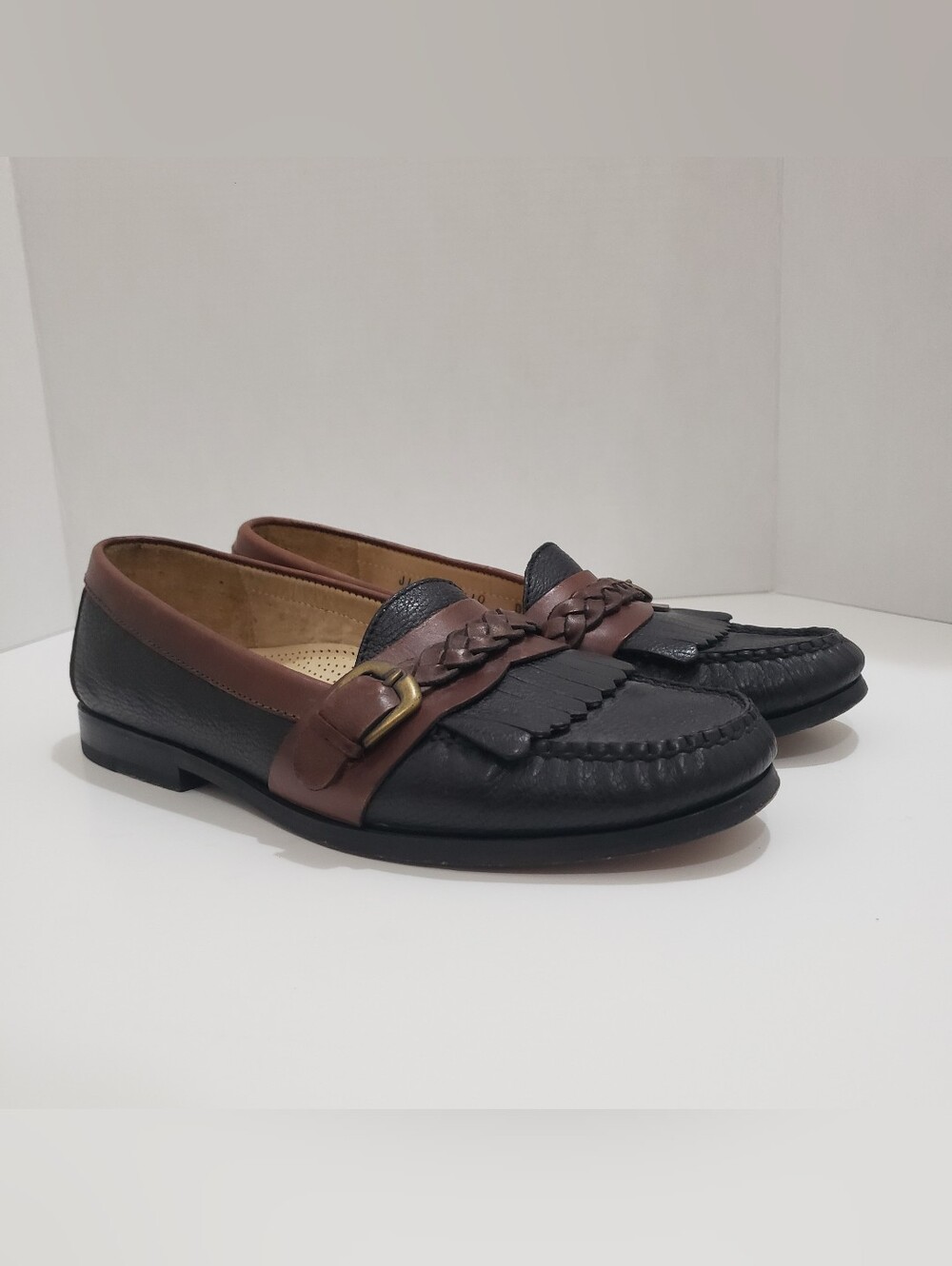 Cole Haan Women’s 10 D Black Brown Leather Kiltie Buckle Loafers Moc Toe Kept W.